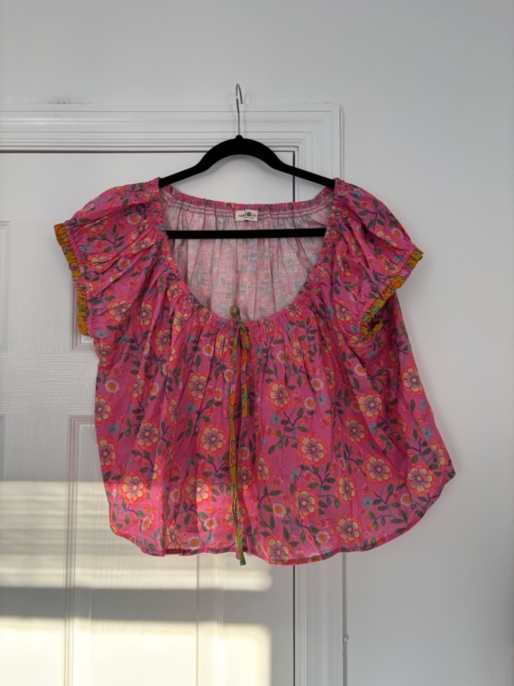 Natural Life Floral Peasant Blouse Pink Boho Cotton Flutter Sleeve Size XL - Picture 3 of 9